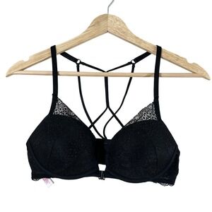 Victoria's Secret PINK Black Lace Date Push-Up Front Close Caged Bra 34B
